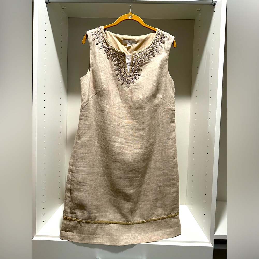 Cute sleeveless linen dress from LOFT.  Size 10.  Beige color.
